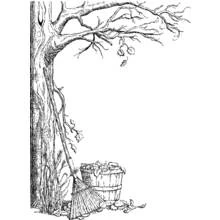 Coloriage Arbre avec râteau et panier de feuilles