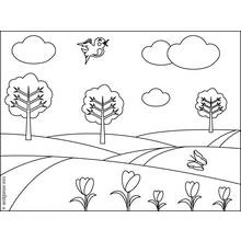 Coloriage Arbre dans un paysage printanier avec un oiseau