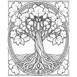 Coloriage Arbre de vie aux racines et feuillage dans un cadre circulaire