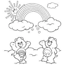 Coloriage Bisounours sous un arc-en-ciel avec soleil et nuages