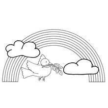 Coloriage Colombe portant une branche d'olivier sous un arc-en-ciel