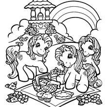 Coloriage Poneys en pique-nique sous un arc-en-ciel