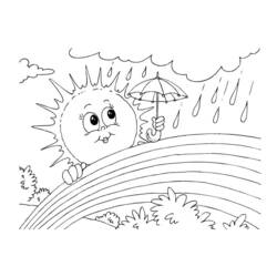 Coloriage Soleil avec parapluie au-dessus d'un arc-en-ciel