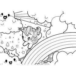 Coloriage Arc-en-ciel avec une licorne kawaii et des nuages