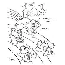 Coloriage Bisounours glissant sur un arc-en-ciel près d'un château