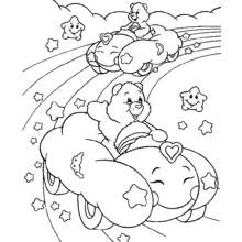 Coloriage Bisounours conduisant des voitures nuages sur un arc-en-ciel