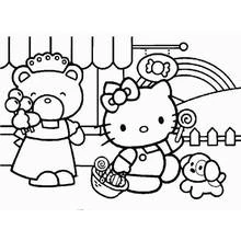 Coloriage Hello Kitty avec des bonbons et un arc-en-ciel