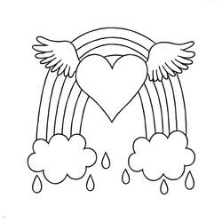 Coloriage Arc-en-ciel avec coeur ailé et nuages