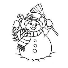 Coloriage Bonhomme de neige tenant une canne en sucre et un balai