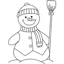 Coloriage Bonhomme de neige au bonnet, balai dressé