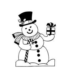 Coloriage Bonhomme de neige tenant une canne en sucre et un cadeau