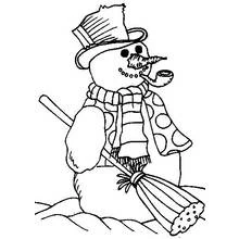 Coloriage Bonhomme de neige au chapeau haut de forme et au balai