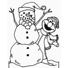Coloriage Bonhomme de neige avec Elmo qui le câline