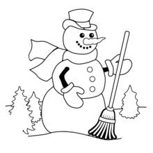 Coloriage Bonhomme de neige au balai et sapins