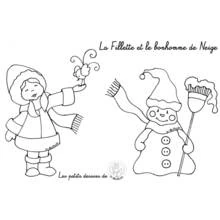 Coloriage Bonhomme de Neige et fillette avec un oiseau