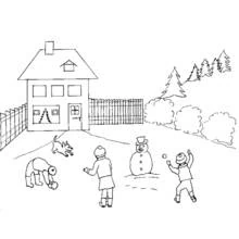 Coloriage Bonhomme de neige et enfants en bataille de boules de neige