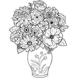 Coloriage Roses et tournesols dans un vase arrondi