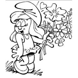 Coloriage Schtroumpfette tenant un bouquet de fleurs