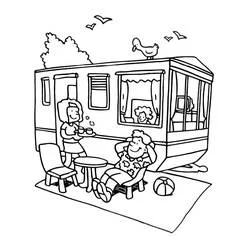 Coloriage Famille en camping devant une caravane