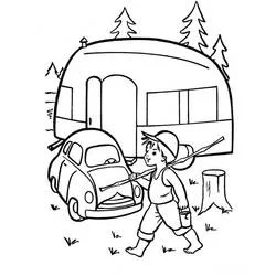 Coloriage Garçon marchant avec une canne à pêche près d'une caravane