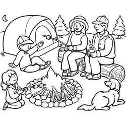 Coloriage Famille faisant griller des chamallows autour du feu de camp