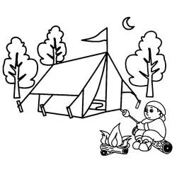 Coloriage Petit garçon de camping faisant griller des chamallows