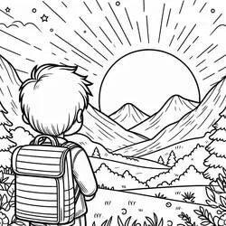 Coloriage Coucher de Soleil vu par un garçon en randonnée