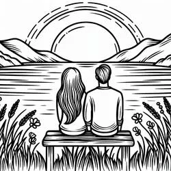 Coloriage Coucher de Soleil avec un couple au bord du lac