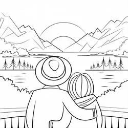 Coloriage Couple regardant le coucher de soleil sur la montagne