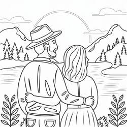 Coloriage Coucher de soleil sur un couple face au lac
