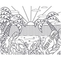 Coloriage Coucher de soleil sur la plage avec palmiers