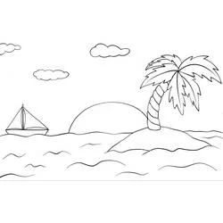 Coloriage Coucher de soleil sur la mer avec une île et un palmier