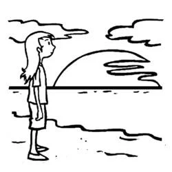 Coloriage Fille regardant le coucher de soleil