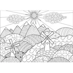 Coloriage Coucher de soleil sur montagnes et moulins