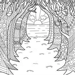 Coloriage Coucher de Soleil encadré par des arbres ornés