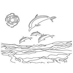 Coloriage Coucher de soleil avec dauphins bondissant