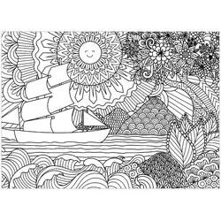 Coloriage Voilier sous un soleil souriant aux motifs mandala
