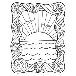 Coloriage Coucher de soleil sur l'océan avec cadre en spirales