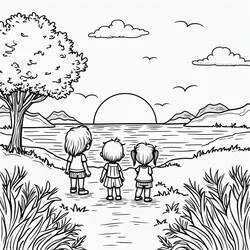 Coloriage Coucher de Soleil observé par des enfants au bord du lac