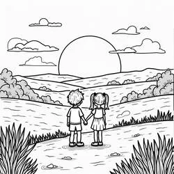 Coloriage Deux enfants se tenant la main devant le coucher de soleil