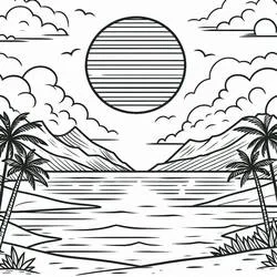 Coloriage Coucher de soleil sur une baie tropicale avec palmiers