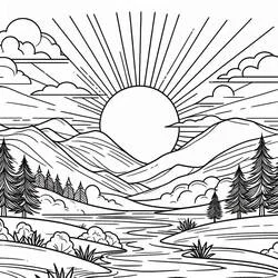 Coloriage Coucher de soleil sur les montagnes et la rivière