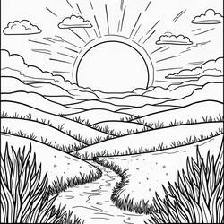 Coloriage Coucher de soleil sur des collines et un chemin