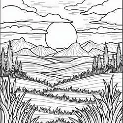 Coloriage Coucher de soleil sur montagnes et collines