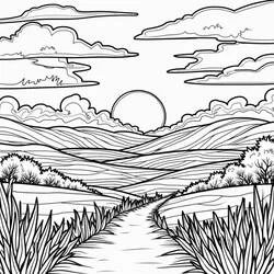 Coloriage Coucher de soleil sur un chemin de collines