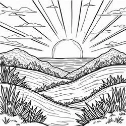 Coloriage Coucher de Soleil sur les collines et la mer