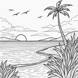 Coloriage Coucher de Soleil sur une plage tropicale