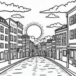 Coloriage Coucher de soleil dans une rue de ville