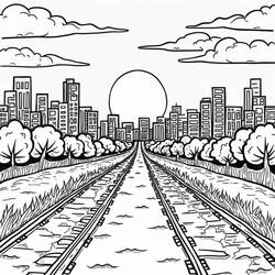 Coloriage Coucher de soleil sur les rails et l'horizon urbain