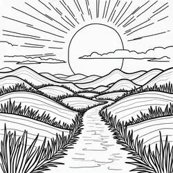 Coloriage Coucher de soleil sur un chemin de campagne